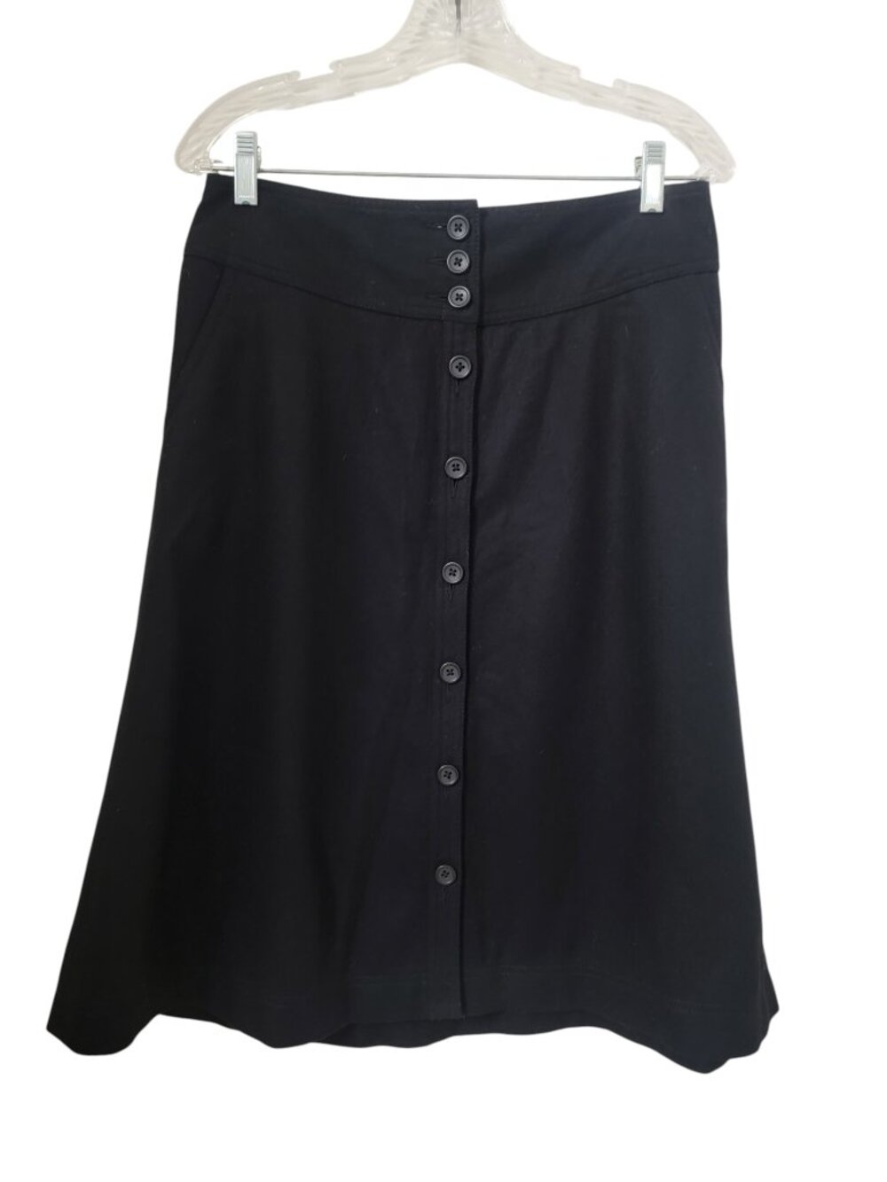 Banana Republic Size 6 Black Wool-Blend A-Line Button Front Midi Skirt